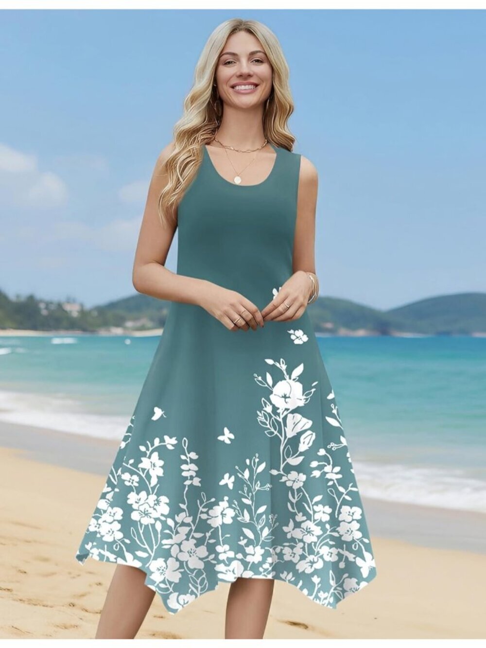 Hotouch Women's Floral Gray Green Sleeveless Sundress Hankerchief Beach Dress - Picture 2 of 6